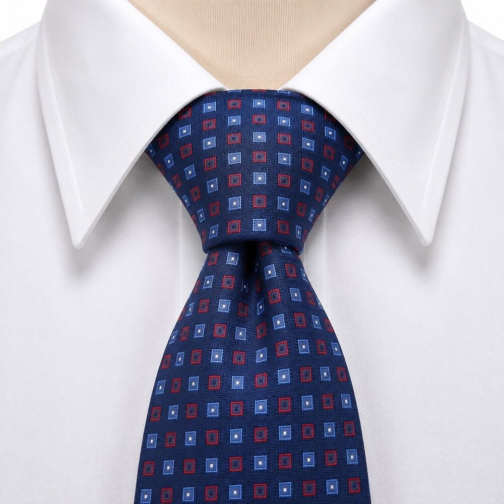 Cremieux Handmade Silk Dress Tie Navy Red Blue Repeating Square Pattern